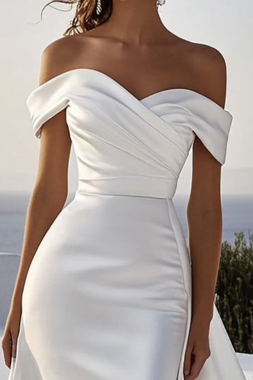 Ivory Satin Ruched Sweep Train Off The Shoulder Mermaid Wedding Dress